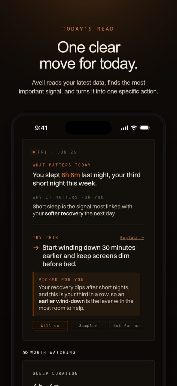 Aveil preview showing the daily read with one action for the day.